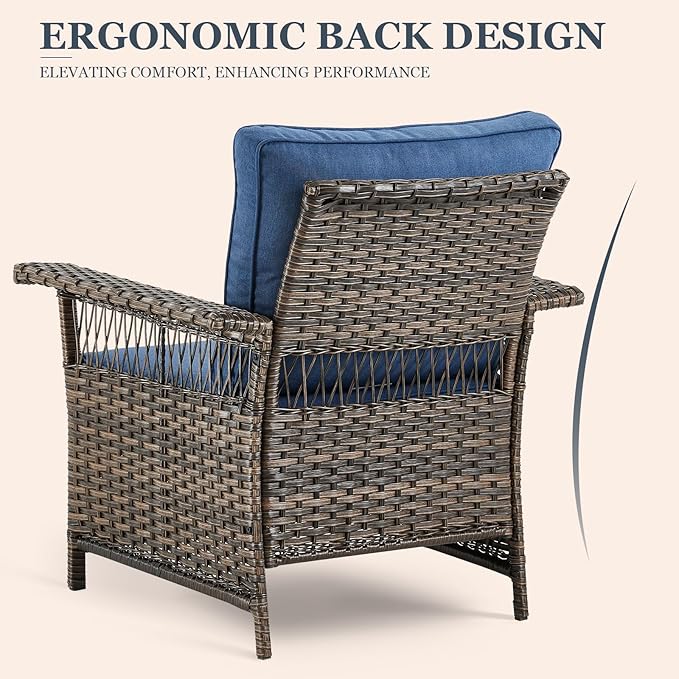 Patio Furniture Set 2 Wicker Patio Chairs with PE Rattan Side Table Set Brown Wicker Blue Cushions Patio Conversation Set 3pcs for Garden Balcony Sunroom Backyard Deck Porch