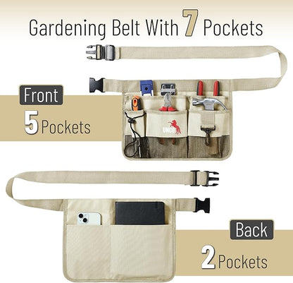 UNCO- Adjustable Gardening Belt, Beige, 7 Pockets, Wear, Cut and Water Resistant, Garden Tool Belt Pouch, Waist Apron with Pockets