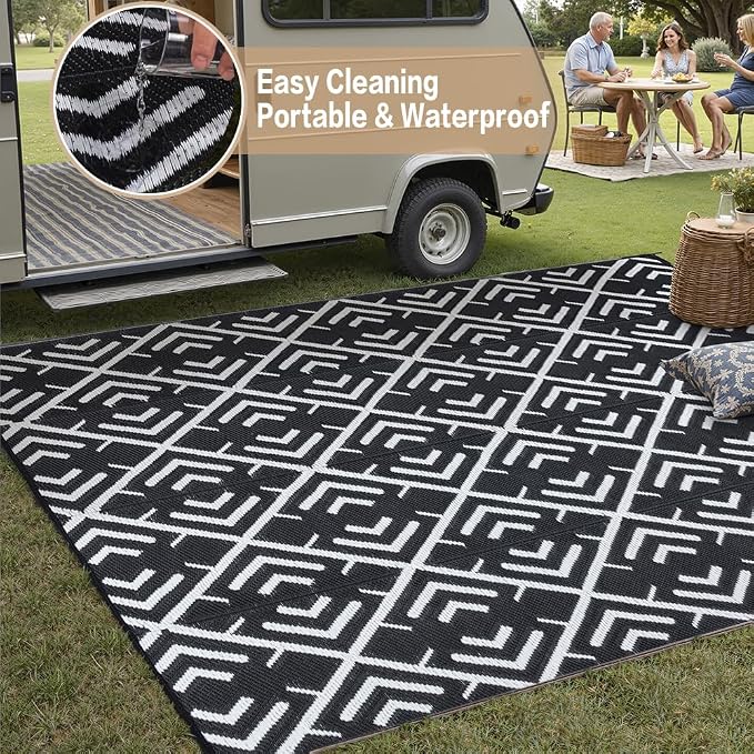 HUGEAR Outdoor Rug Mats, Large Waterproof Outdoor Area Rug, Reversible Portable Outdoor Plastic Straw Carpet for RV Deck Camping Front Door Indoor Outside Porch Picnic (5x8ft Geometric Black&White)