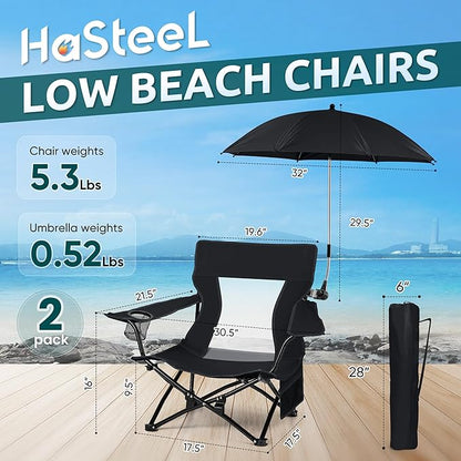 HaSteeL Low Beach Chair Set of 2, Foldable Black Camping Chair with Adjustable Umbrella Set for Adults, Lightweight Portable Lawn Chairs for Fishing, Picnic, Outdoor BBQ, Travel, Sports