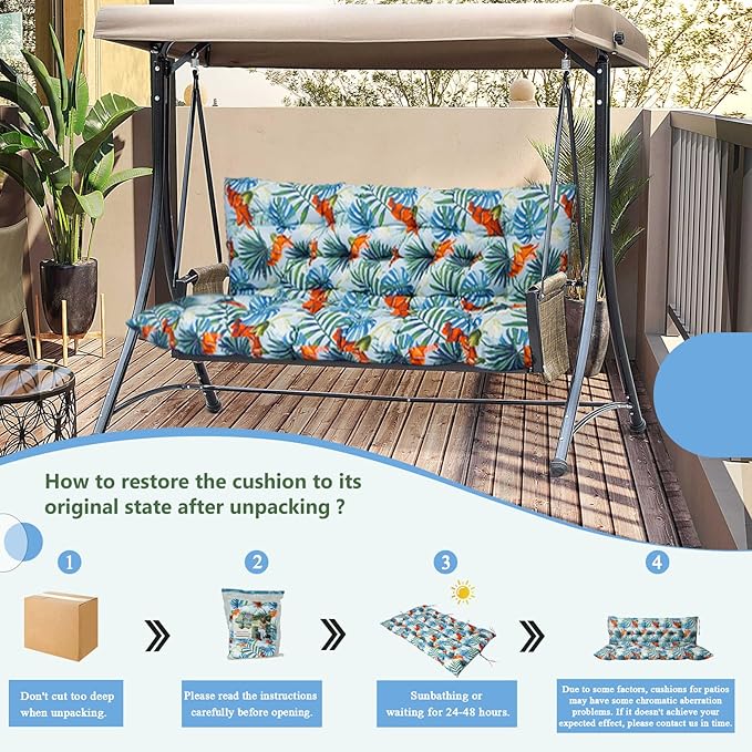 2/3 Seater Swing Replacement Cushion, Waterproof Porch Swing Cushions with Backrest, Thickened Bench Cushions for Outdoor Furniture, for Outdoor Patio Swing (Summer, 40 * 40 in)