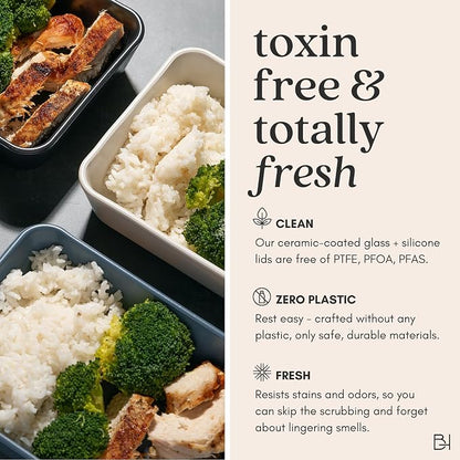 Glass Food Storage Container with Lid, 3-Cup Small Rectangle | Microwave-Safe Airtight Lid, Oven-Safe Ceramic-Coated Glass | Zero Plastic, No PFAS/PFOA/BPA, Reusable [Pine]