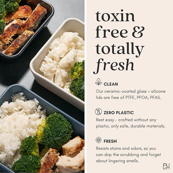 Glass Food Storage Container with Lid, 5-Cup Medium Square | Microwave-Safe Airtight Lid, Oven-Safe Ceramic-Coated Glass | Zero Plastic, No PFAS/PFOA/BPA, Reusable [Pine]