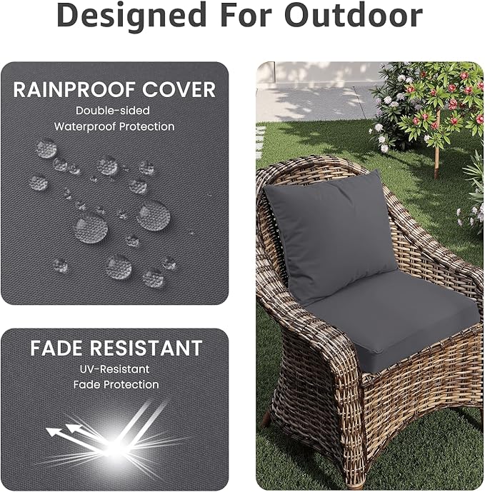 PatioGlow Outdoor Chair Cushions 20 x 20 x 3 Inch, Waterproof & Fade Resistant Patio Seat Cushion for Furniture with Handle and Ties, Thick Seating Pads for Outside Sofa Couch Set of 2, Grey