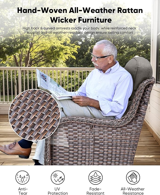 HUMMUH Wicker Patio Furniture High Back Swivel Rocker Patio Chairs Outdoor Bistro Set with Ottomans Side Table for Porch Garden Deck
