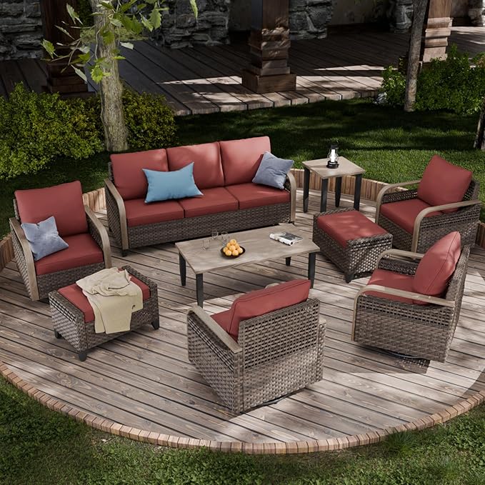 COOS BAY Modern Wicker Outdoor Furniture Set, Patio Conversation Set with 4 Swivel Rockers, 3 Seat Couch, Ottomans, Coffee Table and Side Table, 9 Piece, Brown/Red