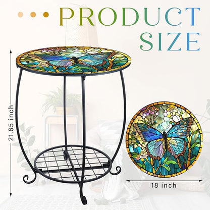 Cinnvoice Outdoor Side Table Round Small Mosaic Patio Accent Indoor End Plant Coffee Tea Table for Yard Patio Porch Garden Living Room, Bedroom(Butterfly Style,18 Inch)