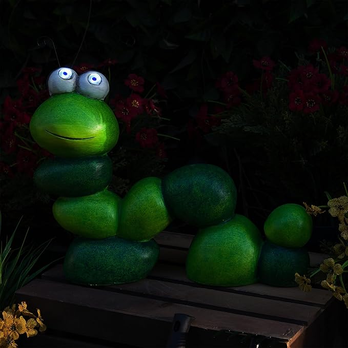 Alpine Corporation YEN608SLR 16" Tall Caterpillar with Light Up Eyes, Solar Powered LED Garden Statue, Green