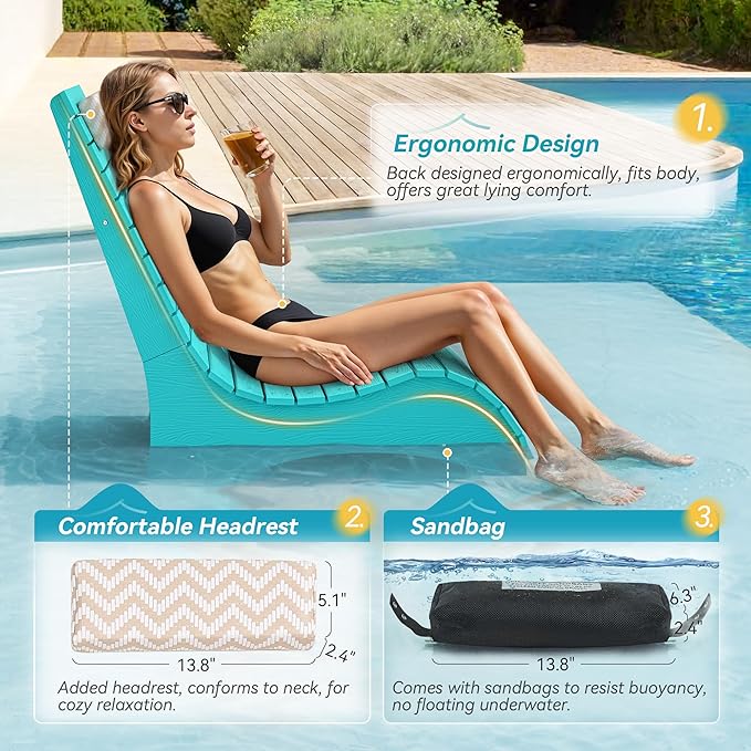 LUE BONA HDPS Pool Chair, Fade-Resistant Use in Pools Up to 10-Inches Deep Pools Lounge Chair for Sun Shelf, Chaise Lounger with Headrest for Outside Pool Deck
