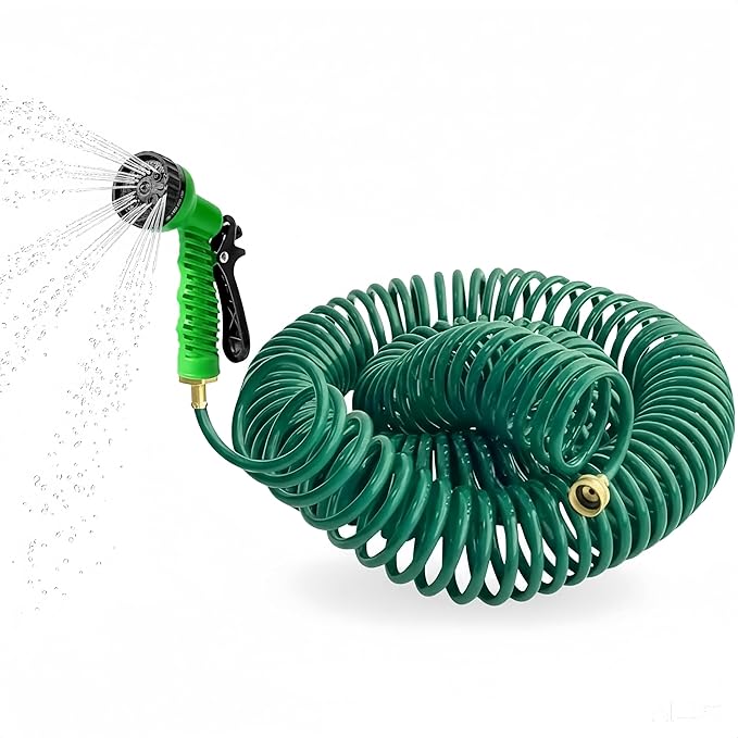 100FT Kink-Free EVA Coil Garden Hose, 3/4'' Brass Connector Expandable Self Coiling Water Hose with 7 Patterns Spray Nozzle for Lawn, Greenhouse, Patio, Boat, Car Wash