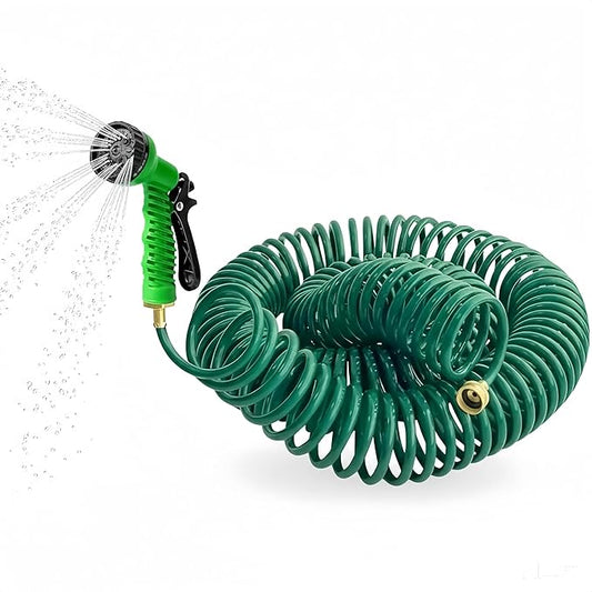 100FT Kink-Free EVA Coil Garden Hose, 3/4'' Brass Connector Expandable Self Coiling Water Hose with 7 Patterns Spray Nozzle for Lawn, Greenhouse, Patio, Boat, Car Wash