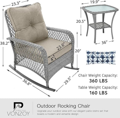 Patio Furniture Set 3 Pieces, Rocking Bistro Set with Thick Cushions, Grey Wicker Outdoor Rocker Chairs and Coffee Table for Porch, Backyard or Garden (Grayish White)