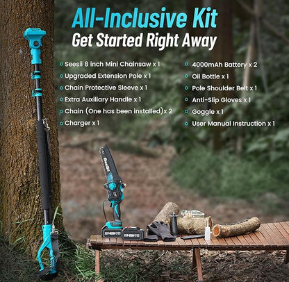 SEESII 2-in-1 Electric Pole Saws for Tree Trimming, 8 Inch Brushless Mini Chainsaw with Extension Pole, Cordless Pole Chain Saw, Tree Trimmer Limb Branch Cutter Pruner with 2 x 4.0Ah Batteries, PS810