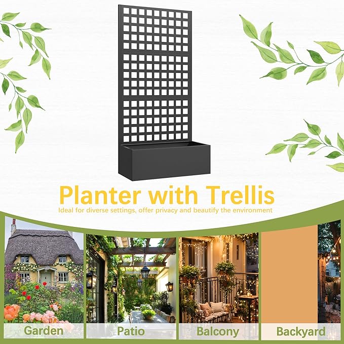 Metal Planter Box with Trellis, 71"x 35"x 16" Raised Garden Bed with Trellis, Planter Box Trellis with Privacy Screen and Drainage Holes, Black