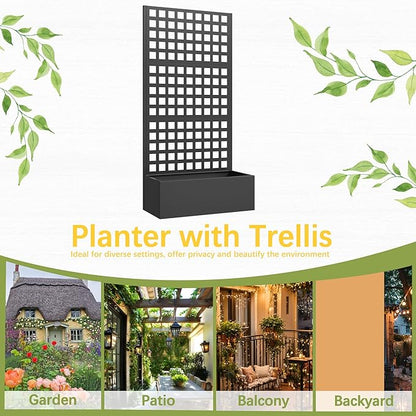 Metal Planter Box with Trellis, 71"x 35"x 16" Raised Garden Bed with Trellis, Planter Box Trellis with Privacy Screen and Drainage Holes, Black