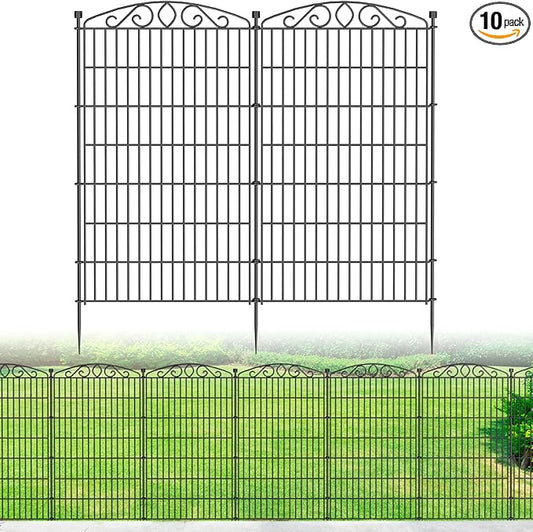 10 Panel No Dig Decorative Garden Fence - 48in H x 22.6 ft L, Tall Animal Barrier for Dogs Rabbits, Rustproof Metal Wire Panels for Yard, Patio, and Outdoor Border Use