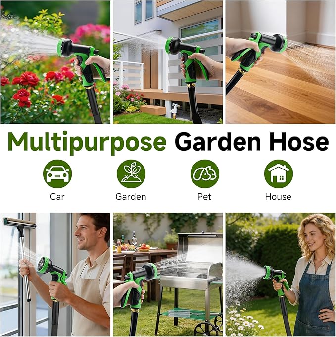 Garden Hose 100 FT, Non-Expanding Lightweight High-Pressure Water Hose with 10 Spray Nozzle, Portable No Kink Flexible Garden Hoses Pipe for Outdoor, Lawn, Yard, Car, House(500 PSI Max, 3/4" GHT)