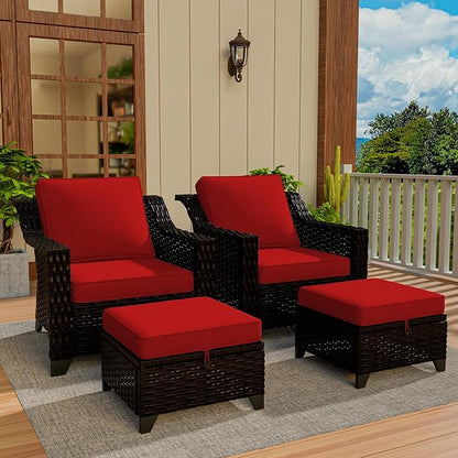 VistaVibe 4 Pieces Outdoor Patio Conversation Furniture Set - 2 Luxurious Armchairs | 2 Wicker Ottomans, Removable Cushions, Hand-Woven PE Rattan, Office, Porch (Brown/Red)