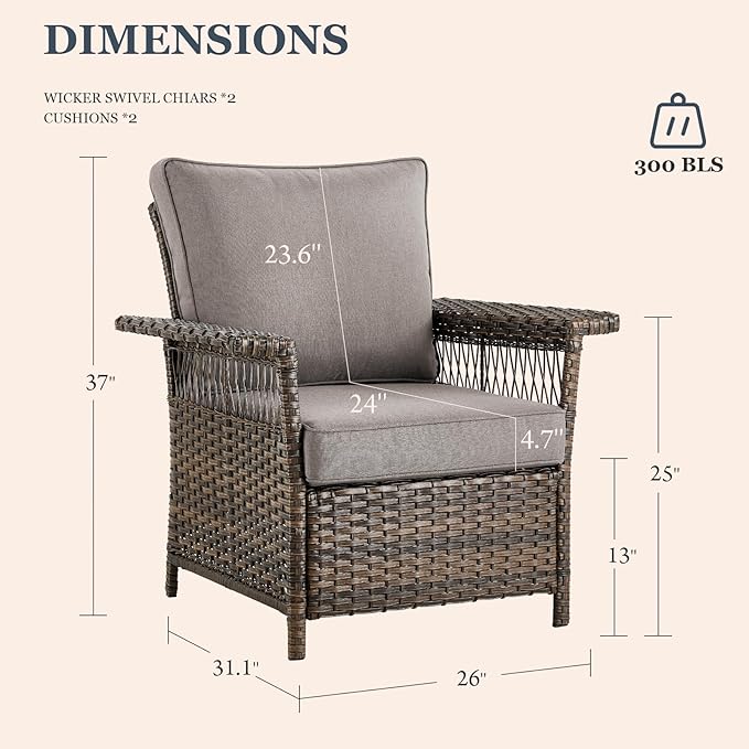 Patio Furniture Set 2 Wicker Patio Chairs with 2 PE Rattan Ottomans Brown Wicker Grey Cushions Patio Conversation Set 4pcs for Garden Balcony Sunroom Backyard Poolside