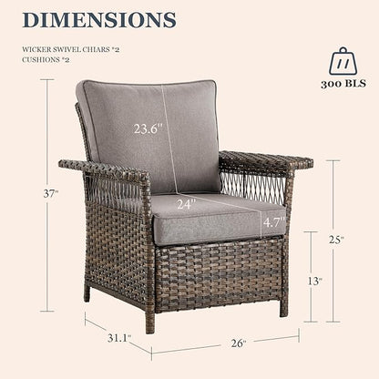 Patio Furniture Set 2 Wicker Patio Chairs with 2 PE Rattan Ottomans Brown Wicker Grey Cushions Patio Conversation Set 4pcs for Garden Balcony Sunroom Backyard Poolside