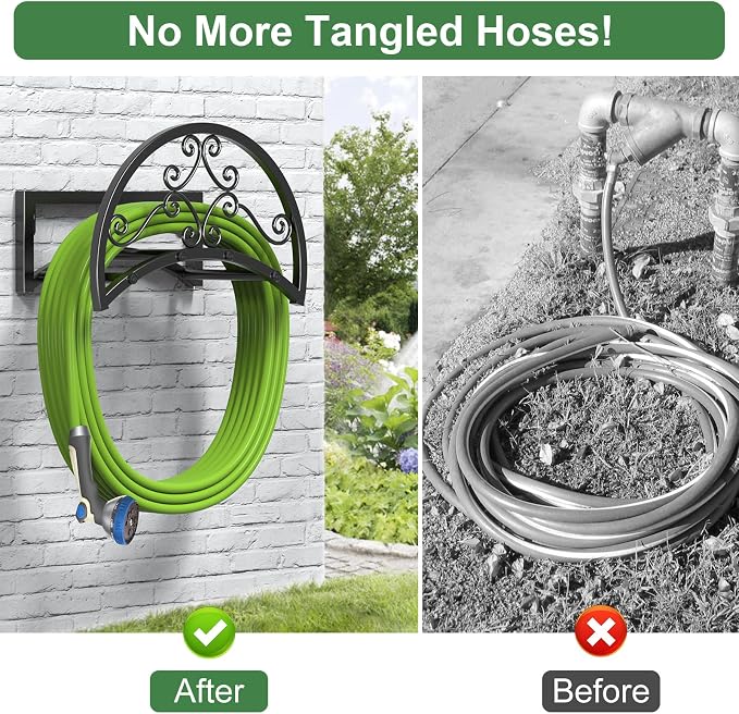 OLV Garden Hose Holder, Heavy Duty Water Hose Holder Wall Mount Holds 125-ft Water Pipe, Decorative Detachable Metal Hose Hanger Storage Organizer Reel Rack for Outside Lawn Yard Farm, Black