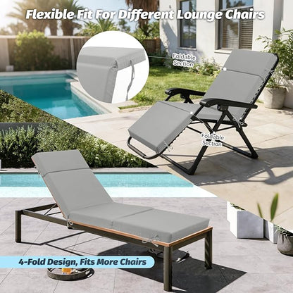 2 Pcs Outdoor Chaise Lounge Cushion 72" x 21" x 3", 4-Section Folding Patio Lounge Chair Cushion with Ties, Waterproof & Fade Resistant Replacement Cushion for Pool, Patio, Deck (Grey, 2 Pcs)