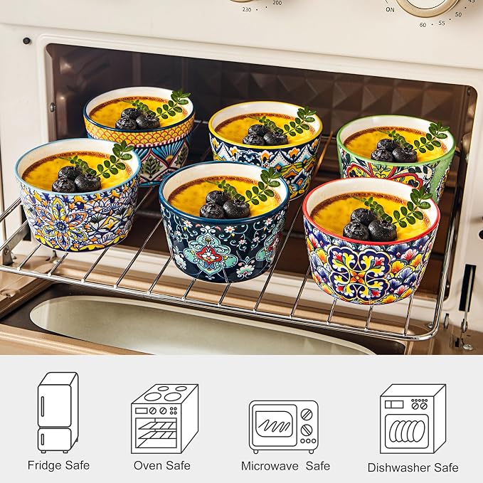 4 oz Ceramic Ramekins Set of 6, Dessert Cups & Dipping Bowls | Colorful Bohemian Pattern, Oven Safe, Ideal for Crème Brûlée, Dips, Sauces & Individual Desserts