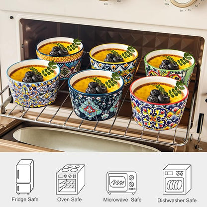 4 oz Ceramic Ramekins Set of 6, Dessert Cups & Dipping Bowls | Colorful Bohemian Pattern, Oven Safe, Ideal for Crème Brûlée, Dips, Sauces & Individual Desserts