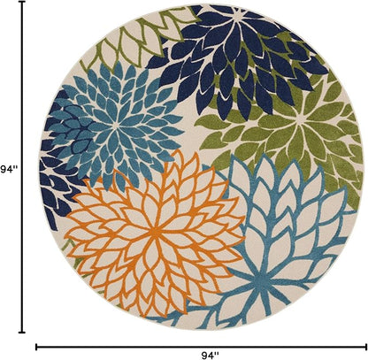 Nourison Home Aloha Indoor/Outdoor Multicolor 7'10'' x Round Area-Rug, Tropical, Botanical, Easy-Cleaning, Non Shedding, Bed Room, Living Room, Dining Room, Deck, Backyard, Patio (8 Round)