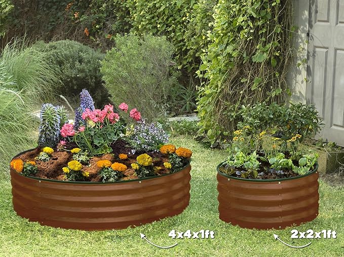 Round Galvanized Raised Garden Bed // 2×2×1 ft (3-Pack) Galvanized Raised Garden Beds Outdoor for Gardening, Vegetables, Flowers (Dark Wood Grain) // Patented Tool-Free Design Round Planter