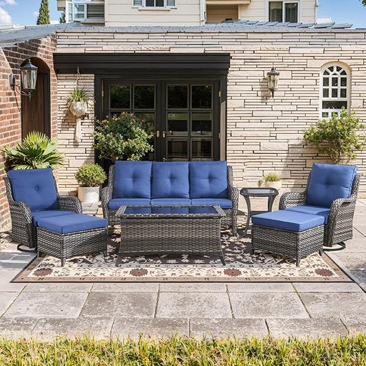Wicker Patio Furniture-7 Pieces Rattan Patio Furniture Set Outdoor Patio Couch with Swivel Patio Chairs Ottomans and Coffee Table for Deck Poolside Backyard-Grey/Blue