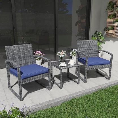 Patiorama 3 Pieces Outdoor Patio Furniture Set, Outdoor Wicker Conversation Set, Patio Rattan Chair Set, Modern Bistro Set with Coffee Table, Garden Balcony Backyard Poolside (Navy Blue)