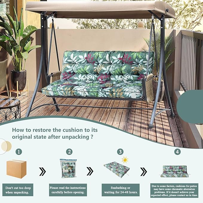 2/3 Seater Swing Replacement Cushion, Waterproof Porch Swing Cushions with Backrest, Thickened Bench Cushions for Outdoor Furniture, for Outdoor Patio Swing (Flower Color, 55 * 40in)