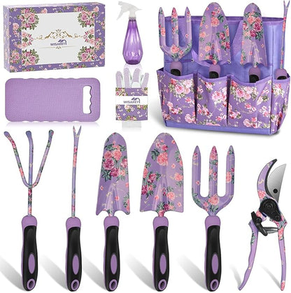 Gardening Tools, WisaKey 10 Piece Heavy Duty Purple Garden Tool Set Durable Garden Supplies Organizer Bag Garden Hand Tools Grandmother Granny Valentine's Gift for Woman