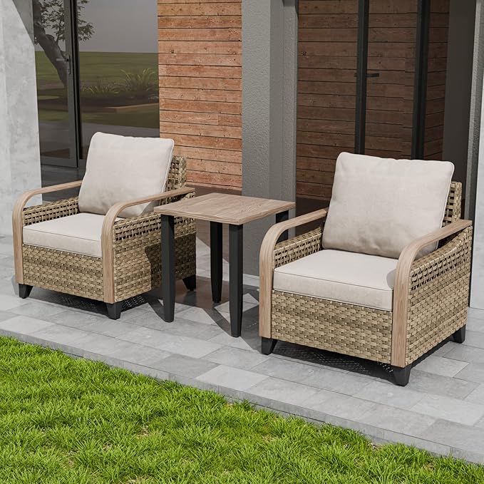 Modern Wicker Bistro Table and Chairs Set, Rattan Outdoor Bistro Set for Patio, Wicker Patio Chairs & Table, 3 Pieces, Brown/Gray