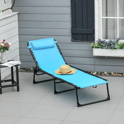 Outdoor Lounge Chair, Tanning Chair with Sunshade Roof, Adjustable Backrest Folding Chaise Lounge with Pillow Headrest for Outside, Beach, Camping, Hiking (No Sunshade Roof, Blue)