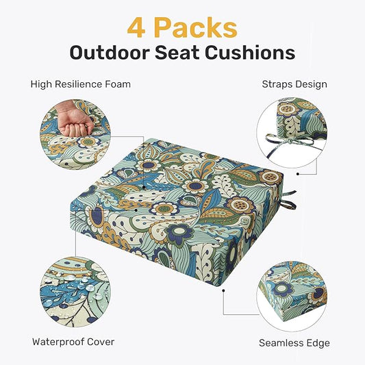 UNIKOME Outdoor Chair Cushions Pack of 4, Water Resistant Patio Cushions with Ties, High Density Sponge Filling Square Corner Seat Cushions for Outdoor Furniture, 24"*24"*4", Sun Flower