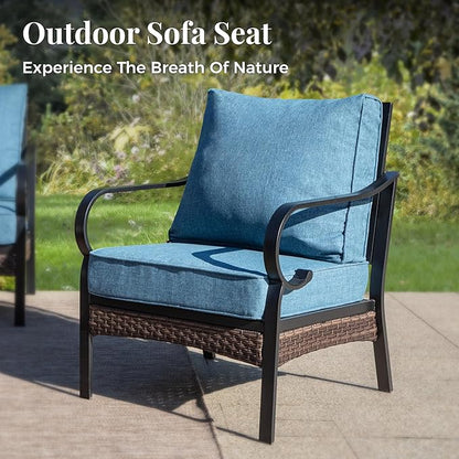 Patio Furniture Set with Firepit Table, Black Frame Outdoor Conversation Set with 2 x Fixed Chairs, 1 x 2-Seat Sofa, 1 x 3-Seat Sofa for Lawn Garden Backyard, Navy Blue