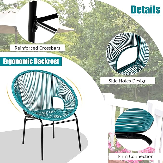 COSTWAY 3-Piece Outdoor Acapulco Chair Set, Wicker Conversation Bistro Sets with Plastic Rope, Glass Top Table, Patio Rattan Furniture Set for Garden, Balcony, Lawn, Backyard, Apartment, Turquoise