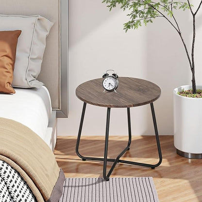 VECELO Outdoor Side Table,17.7 inch Small Round Patio Table,Waterproof Wood Table with Weather Resistant Steel Adjustable for Living Room Bedroom Garden Yard Balcony Porch Poolside