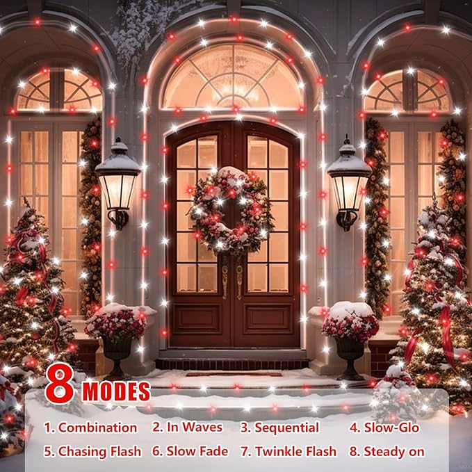 YEGUO Solar Christmas Lights Outdoor Waterproof, 2 Packs Each 33ft 100 LED Rope Lights, 8 Modes Fairy String Lights in Clear Thin Tube for Camping Fence Patio Garden Trampoline Deck(Red and White)