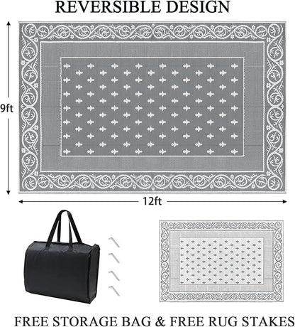 Pauwer Waterproof Outdoor Rug 9x12, Reversible Plastic Straw Patio Camping Rug, Indoor Outdoor RV Mat Carpet for Deck, Camper, Porch, Balcony, Backyard, Picnic, Bordered Grey