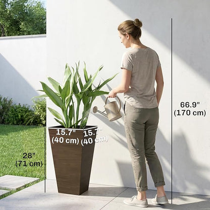 Outsunny Tall Planter for Outdoor Plants Set of 3, 28 Inch Taper Planter with Drainage Holes, Wood Grain Decor Garden Pot for Indoor Outdoor Porch Patio Backyard, Brown