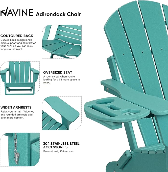 Adirondack Chair Set of 2, HDPE Folding Adirondack Chair with Multifunctional Cup Holder, Weather Resistant Fire Pit Chair for porches, patios, patios, poolsides, Decks.