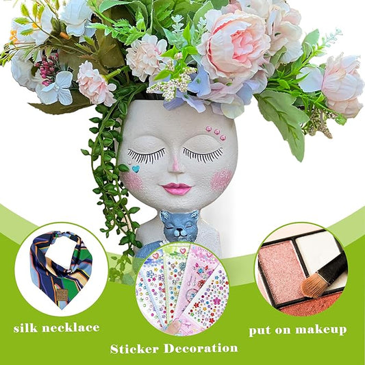 Face Plant Pots Head Planters - Face Flower Pot Head Planter with Cat, Succulent Pots with Drainage Hole, Resin Lady Planter for Indoor Outdoor, Home Decor, Mother's Day/Women Gifts