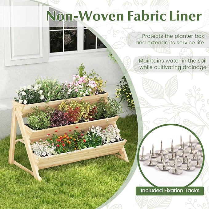 Giantex 3-Tier Raised Garden Bed, Wooden Vertical Planter Box with Storage Shelf, 2 Hanging Hooks & 3 Bed Liners, All-Weather Freestanding Planter, Elevated Raised Beds for Lawn Patio, Natural