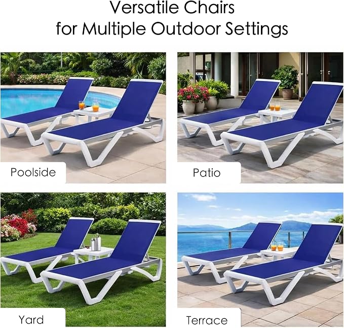 Kozyard Outdoor Chaise Lounge Chair Set, Fully Flat Adjustable Patio Lounger with Aluminum Frame & Resin Legs, Textilene Fabric for Poolside, Backyard & Beach (Navy Blue, Chair +Table)