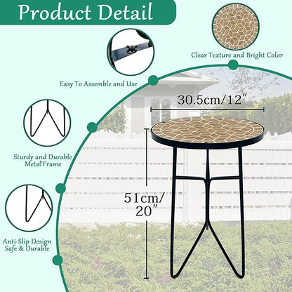 Mosaic Khaki Round Sode Tea Table,Valentine's Day Unique Furniture, Small End Outdoor Side Accent Bedside Dining Room Table, Indoor Balcony Outdoor Furniture, Balcony Valentine's Day Decor