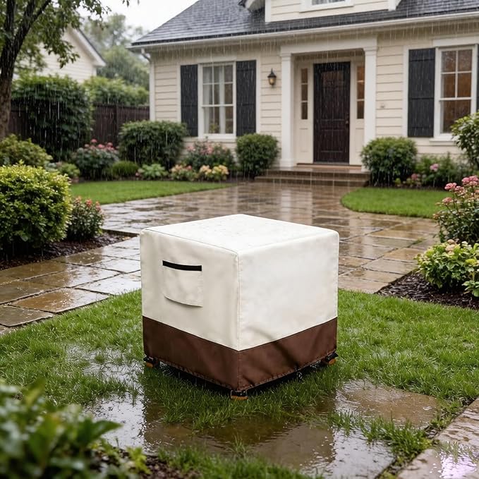Waterproof Patio Ottoman Cover, Heavy Duty Square Outdoor Side Table Furniture Covers Size 25L x 25W x 18H inch (Beige)