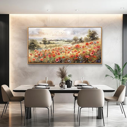 QIYILEXWART Canvas Wall Art For Living Room Wall Decor For Bedroom Office Wall Decoration Red Blooms Field Landscape Painting Farmhouse Pictures Artwork Room Aesthetic Home Decor 20x40 In